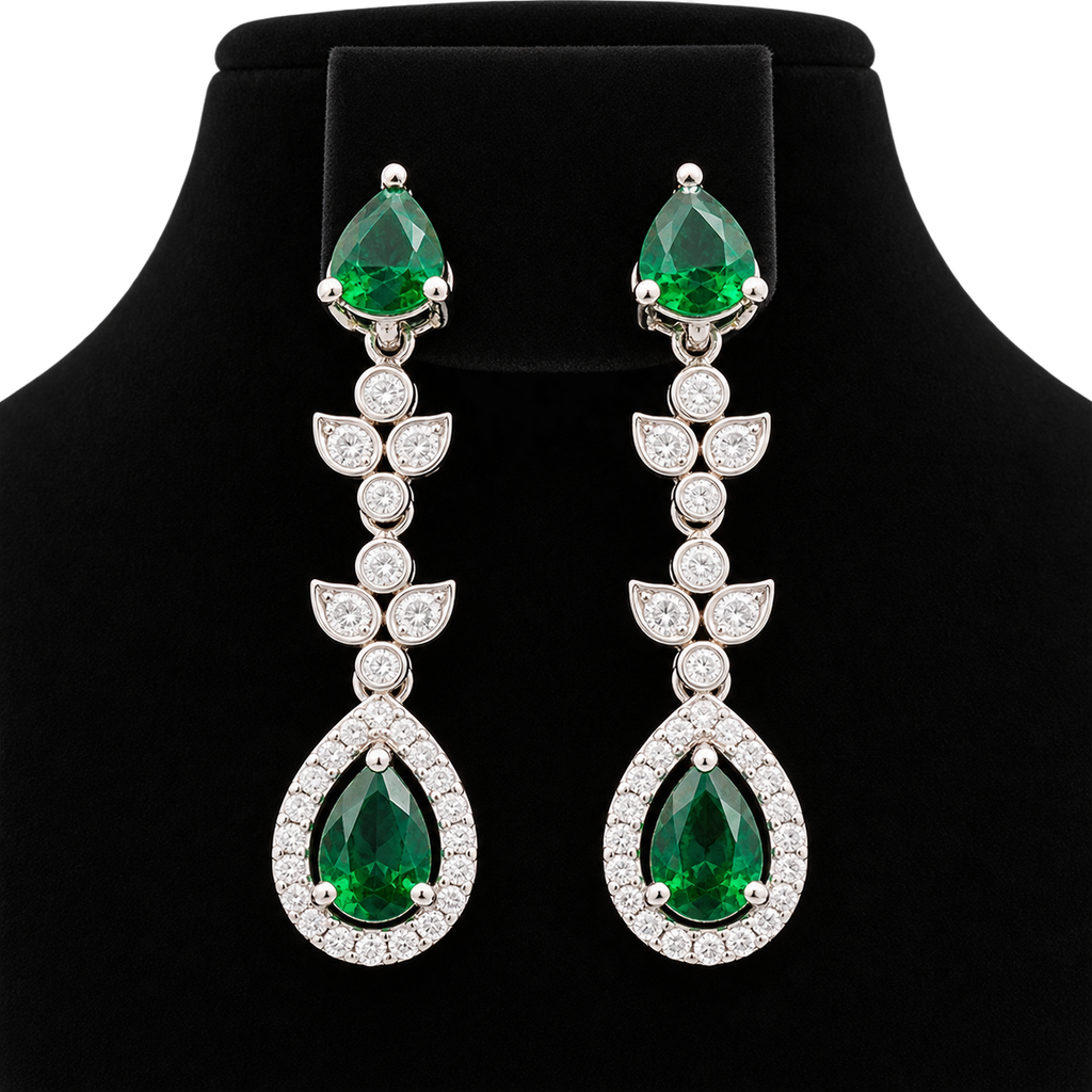 Emerald Green Crystal Necklace & Earrings Set – Silver-Tone | طقم عقد وأقراط بأحجار خضراء زمردية – لون فضي