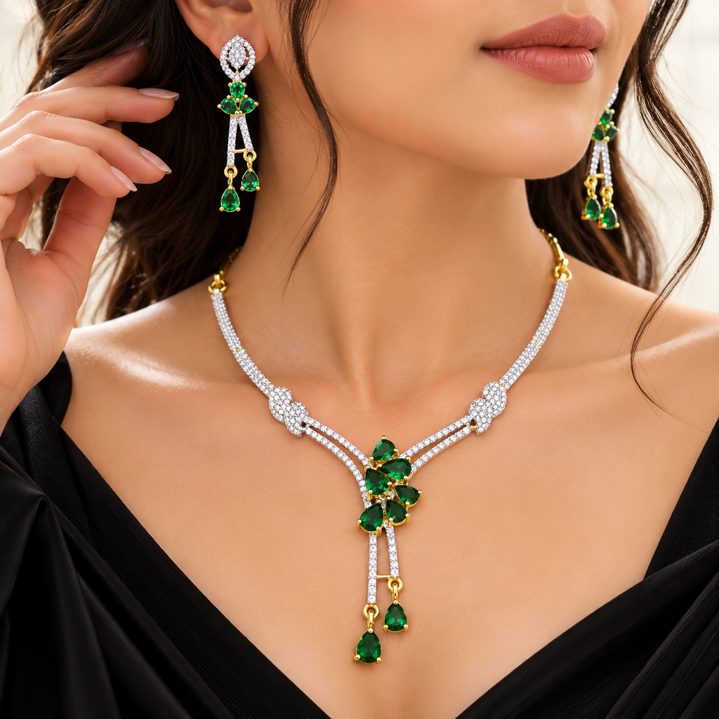 Elegant Crystal Necklace & Earrings Set – Y-Shaped Design | طقم عقد وأقراط كريستالي بتصميم أنيق