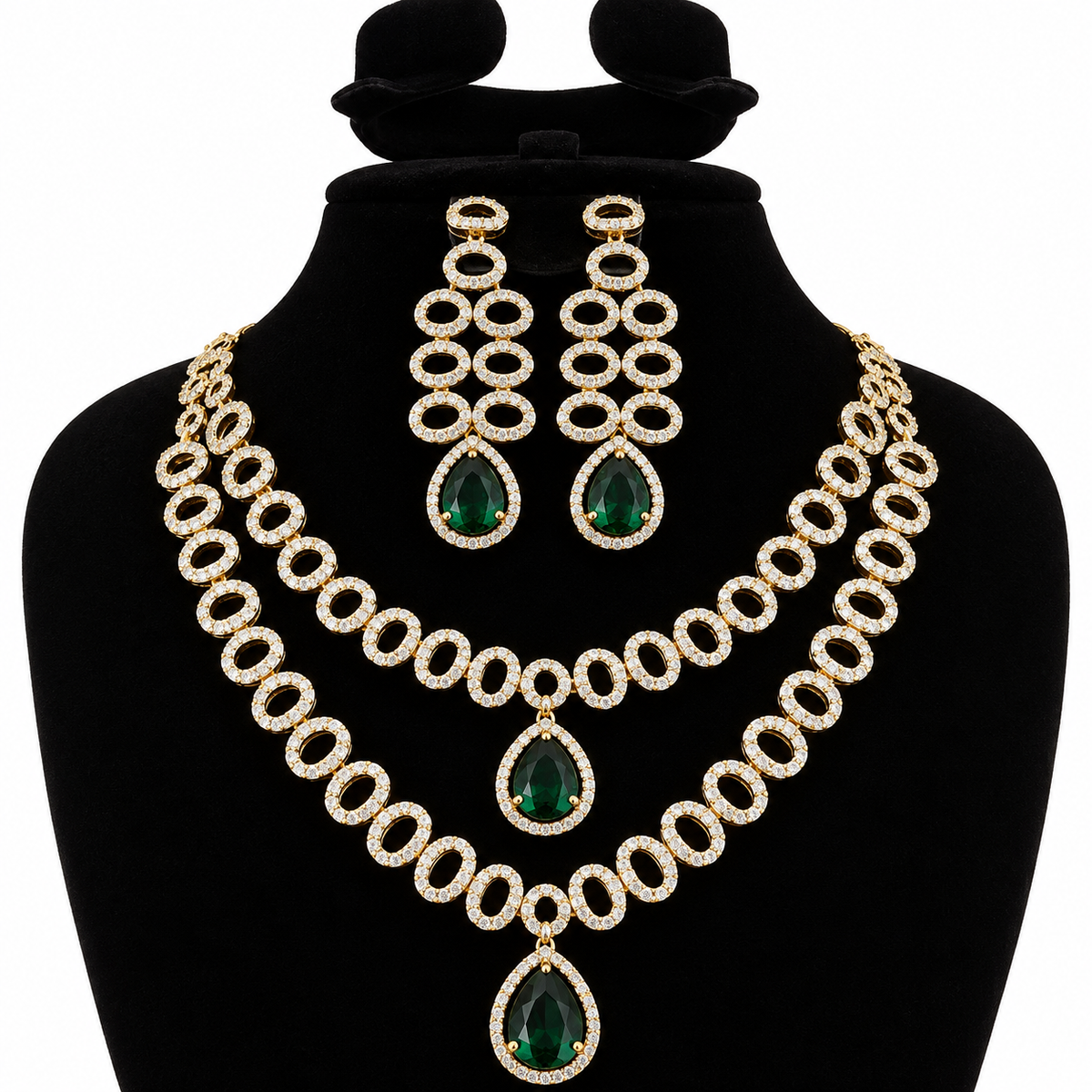 Emerald Green & Gold-Tone Chandelier Necklace and Earrings Set | طقم عقد وأقراط متدلية باللون الأخضر الزمردي والذهبي