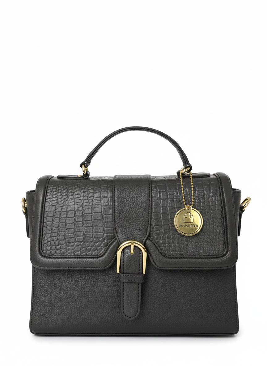 Grey Flap Croc Structured Handbag