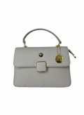 Manruya Premium Grey Genuine Leather Handbag – Luxury Square Lock Satchel Oman | حقيبة مانرويا الرمادية جلد طبيعي فاخرة بـ قفل ذهبي مربع عُمان