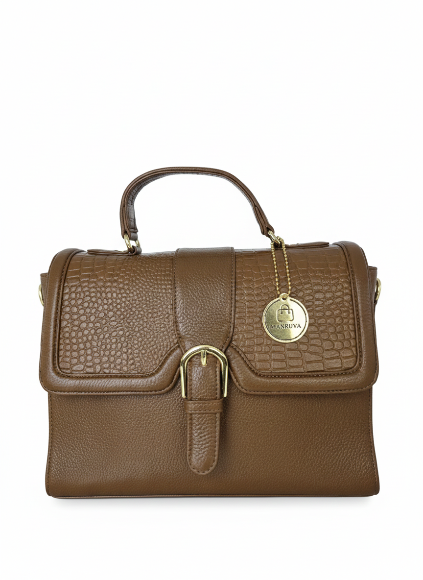 Dark Tan Flap Croc Structured Handbag