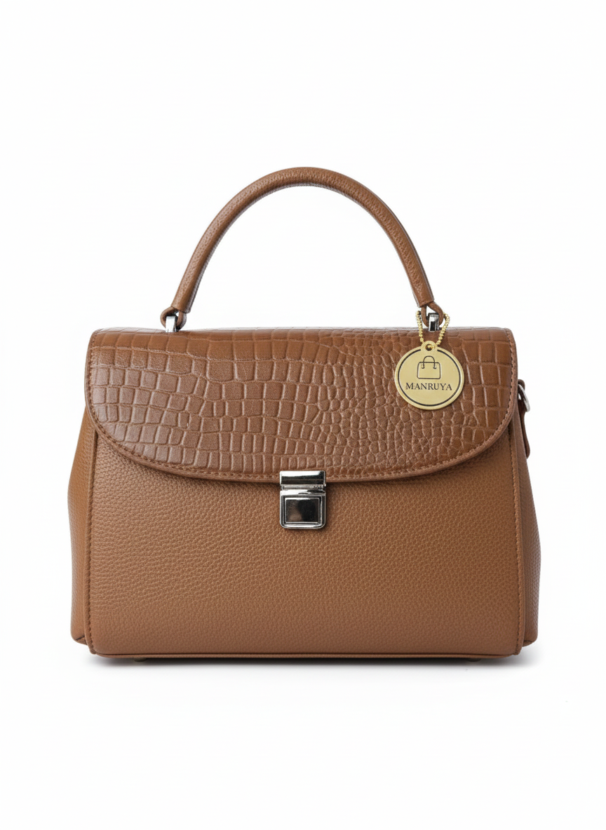 Brown Flap Push-Lock Handbag