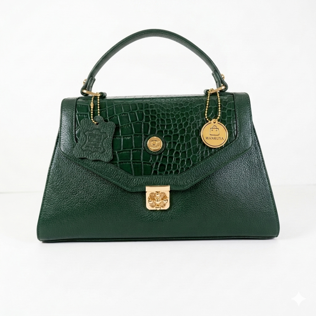 Manruya Dark Green Croc Texture Handbag | حقيبة مانرويا الخضراء الداكنة بنقشة التمساح