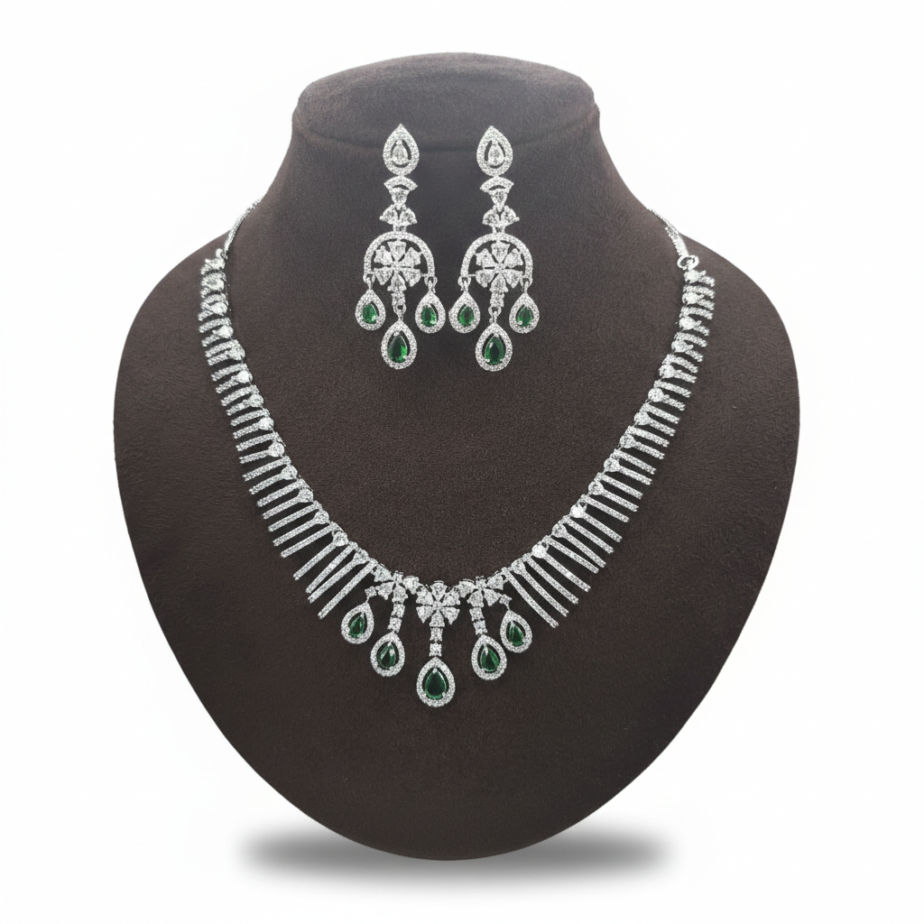 Emerald Green & White American Diamond Choker Necklace Set - Silver Finish