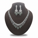 Emerald Green & White American Diamond Choker Necklace Set - Silver Finish