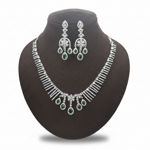 Emerald Green & White American Diamond Choker Necklace Set - Silver Finish