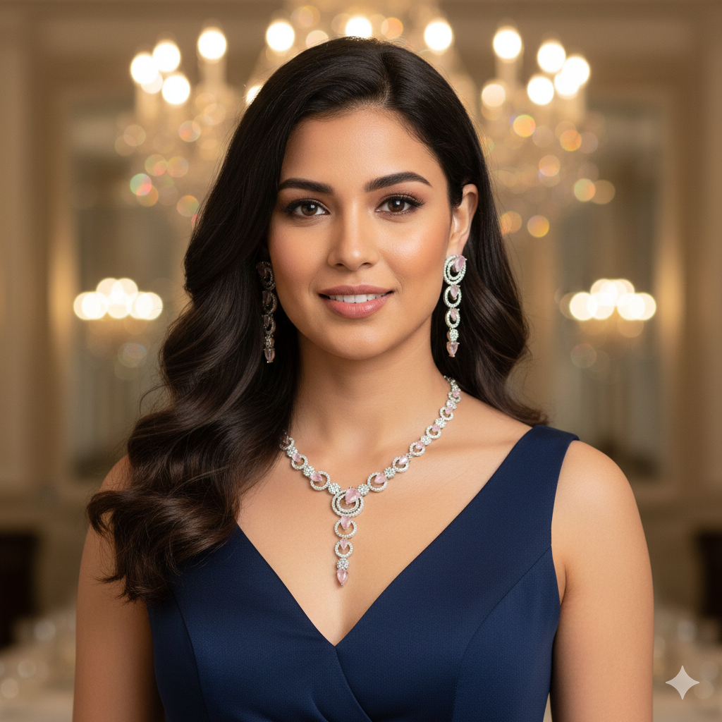 Elegant Pastel Pink & Diamond Simulant Necklace & Earrings Set