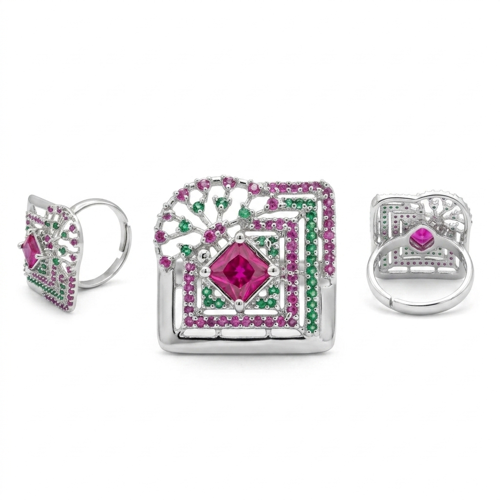 Silver Ruby Geometric Statement Ring for Women | خاتم فضي هندسي بحجر روبي أحمر