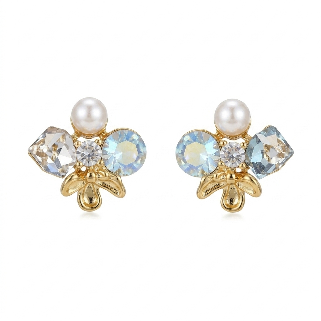 Gold Pearl & Crystal Stud Earrings for Women | أقراط لؤلؤ وكريستال ذهبية للنساء
