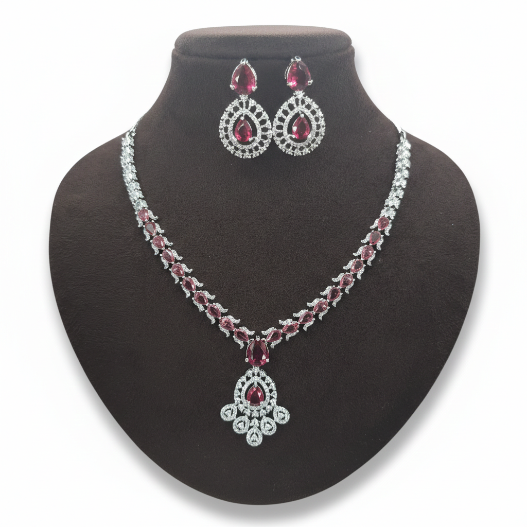 Ruby Red & Diamond Simulant Teardrop Necklace & Earrings Set