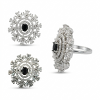Black Crystal Floral Halo Statement Ring for Women | خاتم أسود فاخر بتصميم زهري للنساء