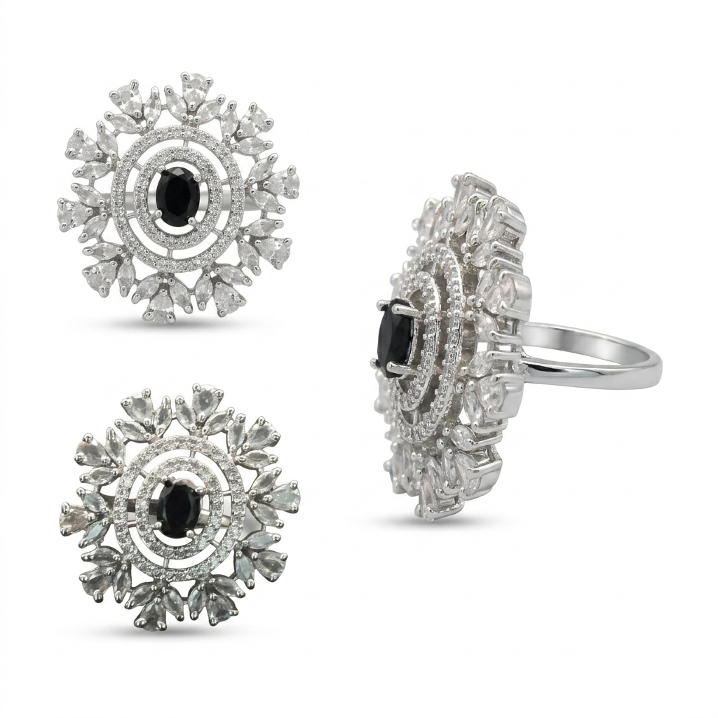 Black Crystal Floral Halo Statement Ring for Women | خاتم أسود فاخر بتصميم زهري للنساء