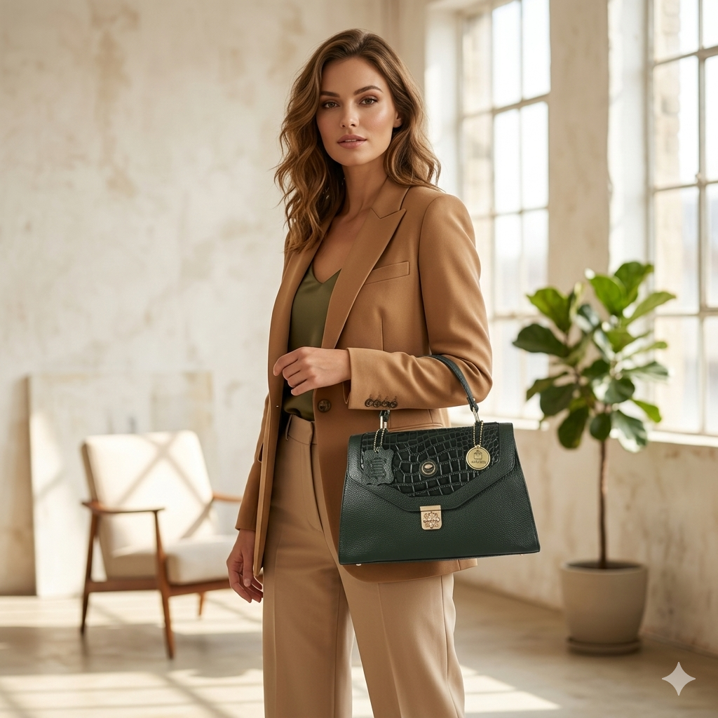 Manruya Dark Green Croc Texture Handbag | حقيبة مانرويا الخضراء الداكنة بنقشة التمساح
