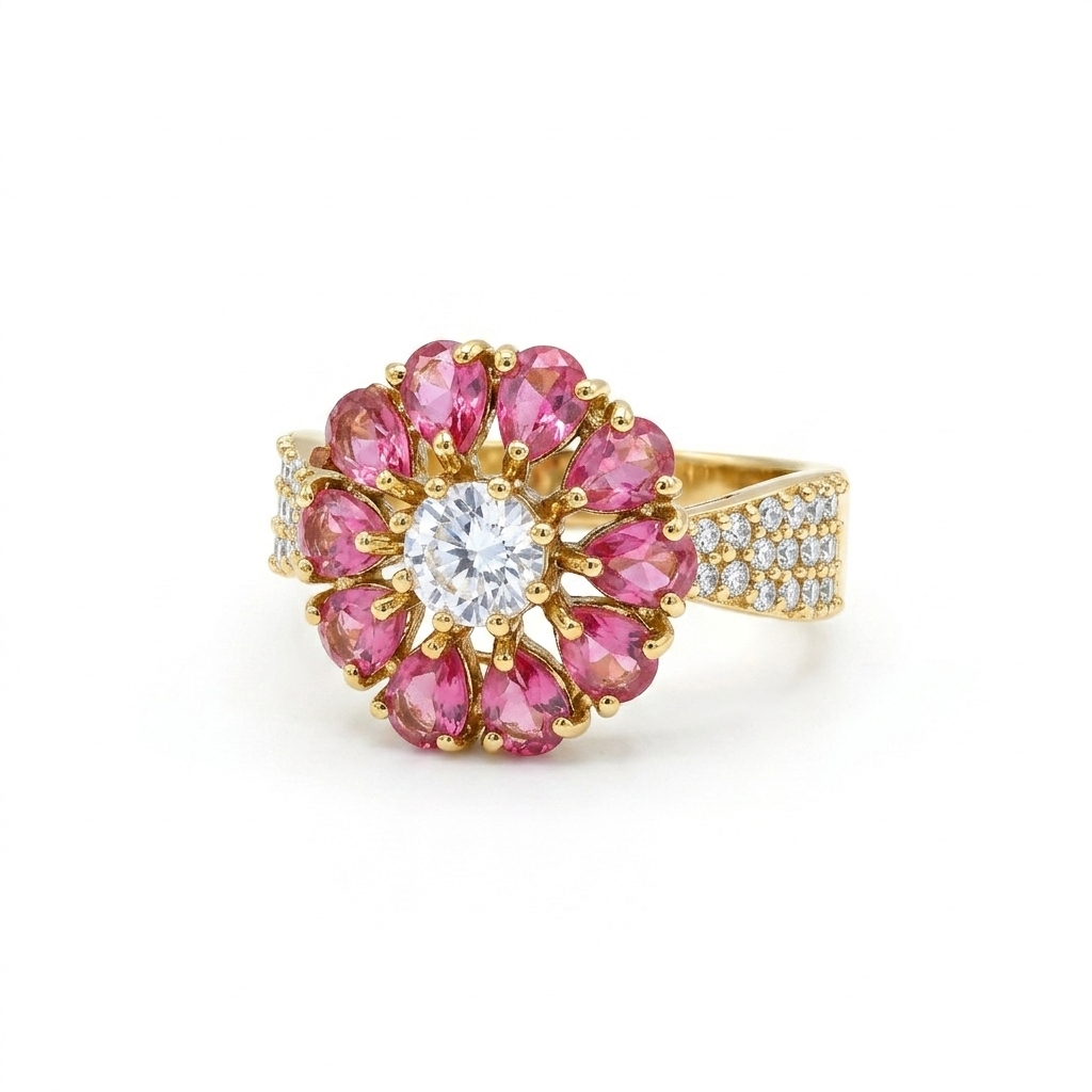Victorian Ruby Floral CZ Statement Ring for Women | خاتم فيكتوري فاخر بحجر روبي وتصميم زهري