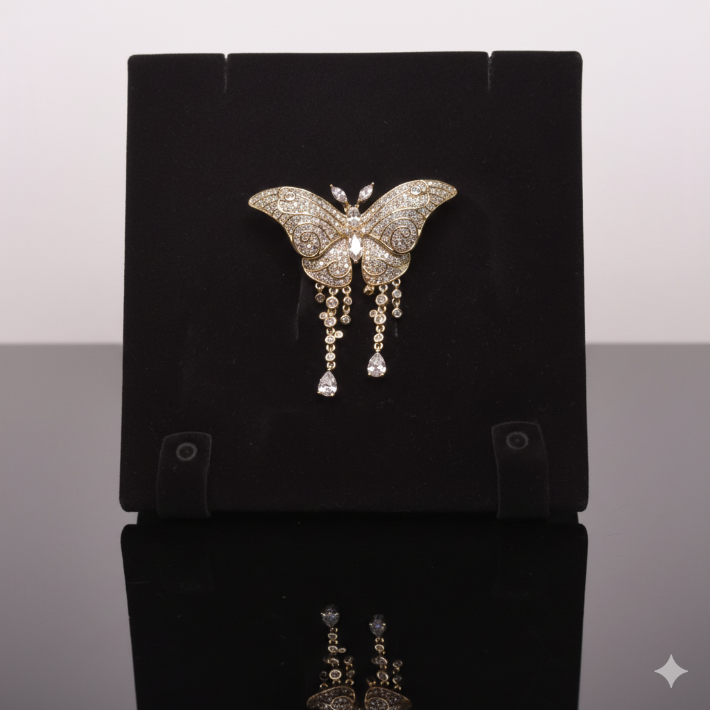 Exquisite Crystal Butterfly Brooch with Dangles | بروش فراشة كريستال فاخر