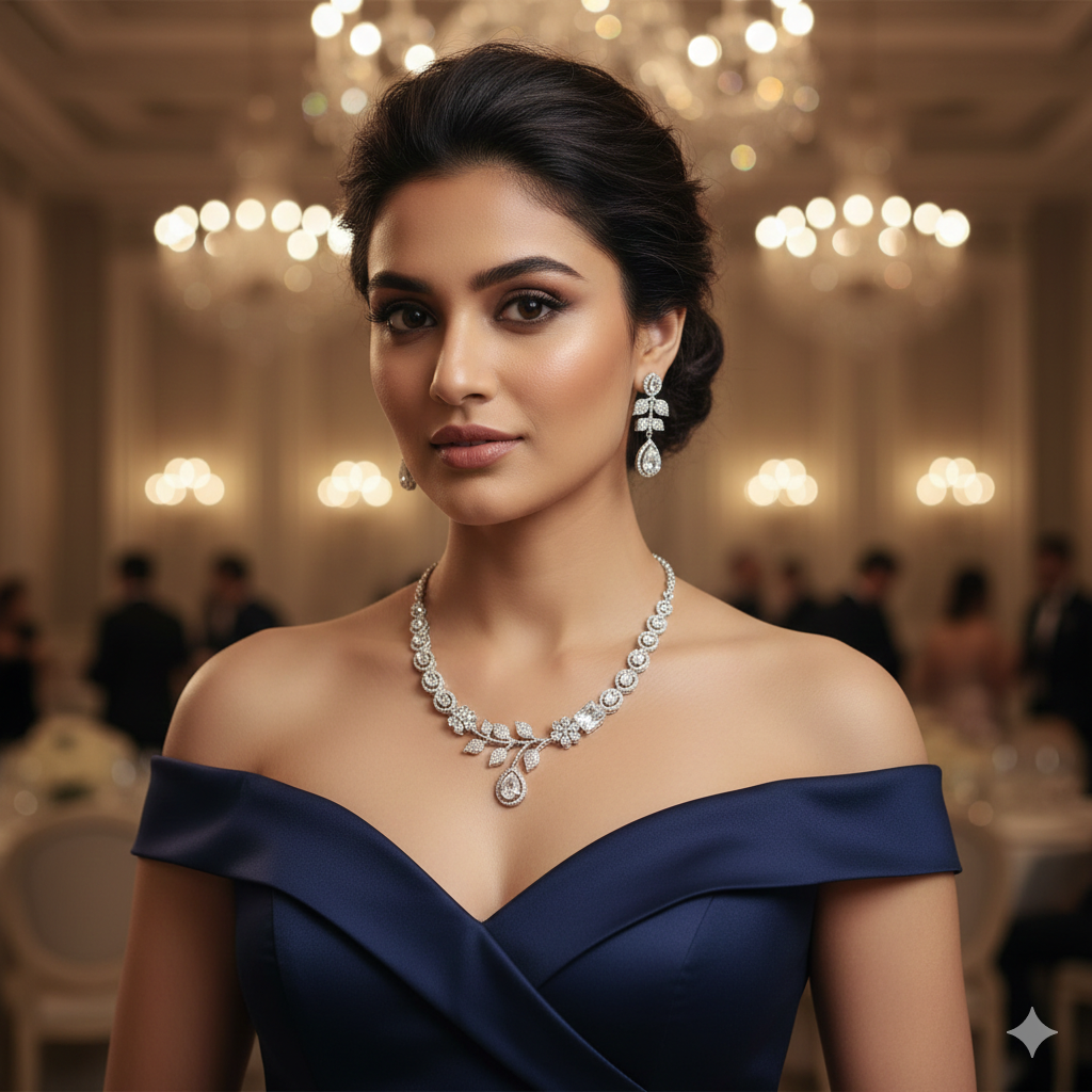 Premium American Diamond Bridal Necklace Set - طقم عقد زفاف مرصع بالألماس الأمريكي الفاخ