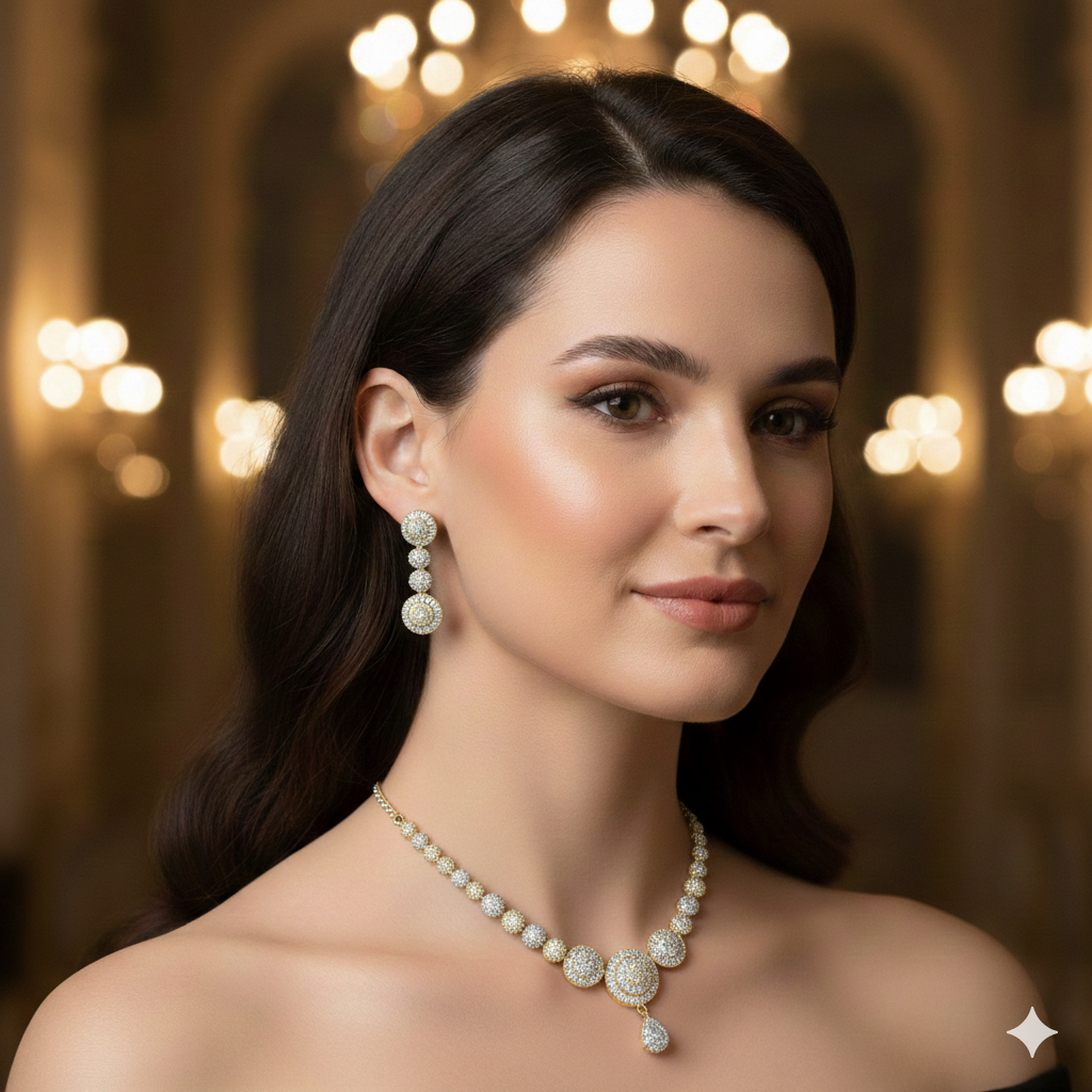 Royal Two-Tone American Diamond Bridal Necklace Set - طقم عقد زفاف فاخر مرصع بالألماس الأمريكي