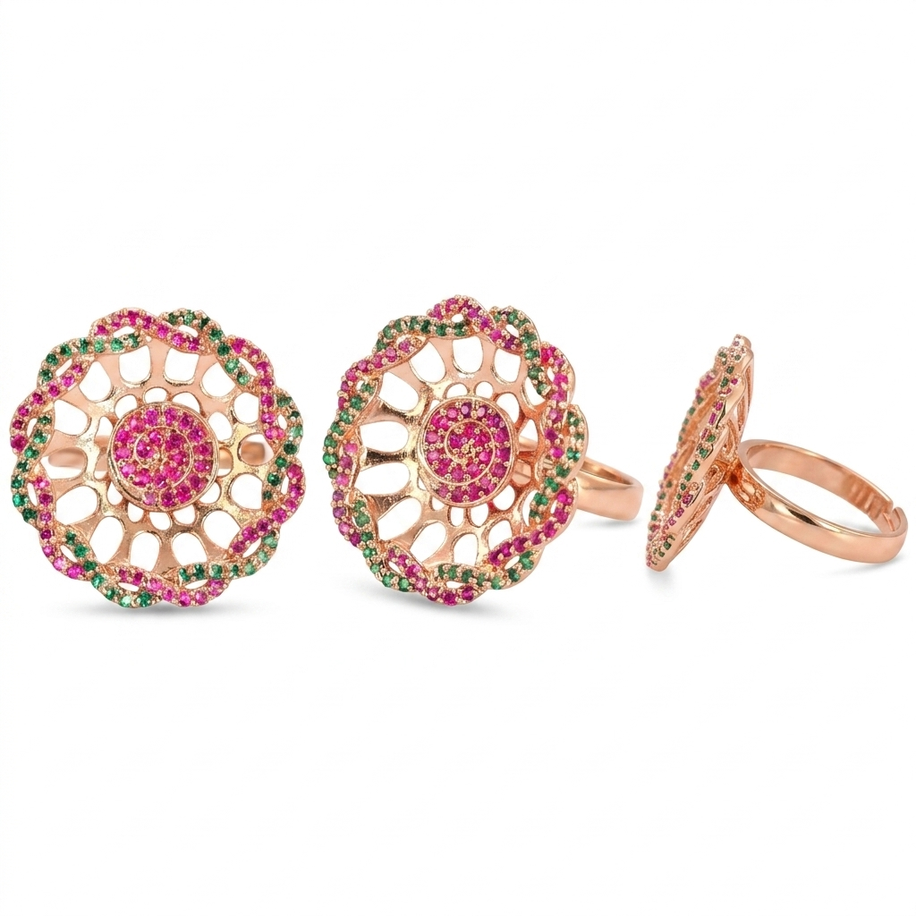 Rose Gold Pink & Green CZ Floral Statement Ring for Women | خاتم زهري فاخر بأحجار وردية وخضراء CZ للنساء