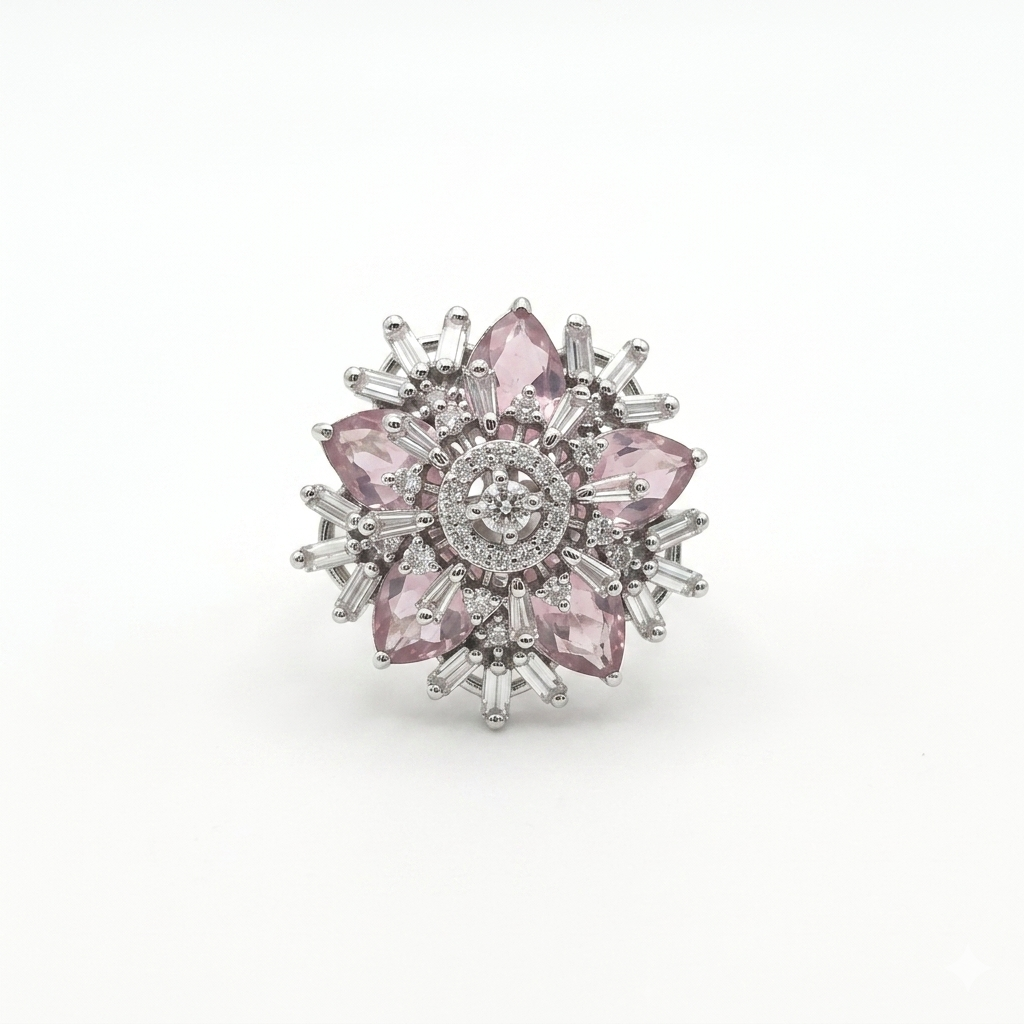 Pink Crystal Floral Statement Ring for Women | خاتم وردي فاخر بتصميم زهري للنساء