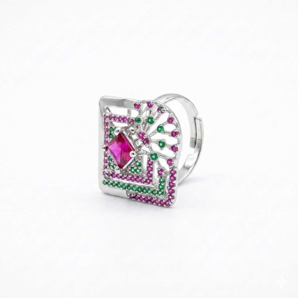 Silver Ruby Geometric Statement Ring for Women | خاتم فضي هندسي بحجر روبي أحمر