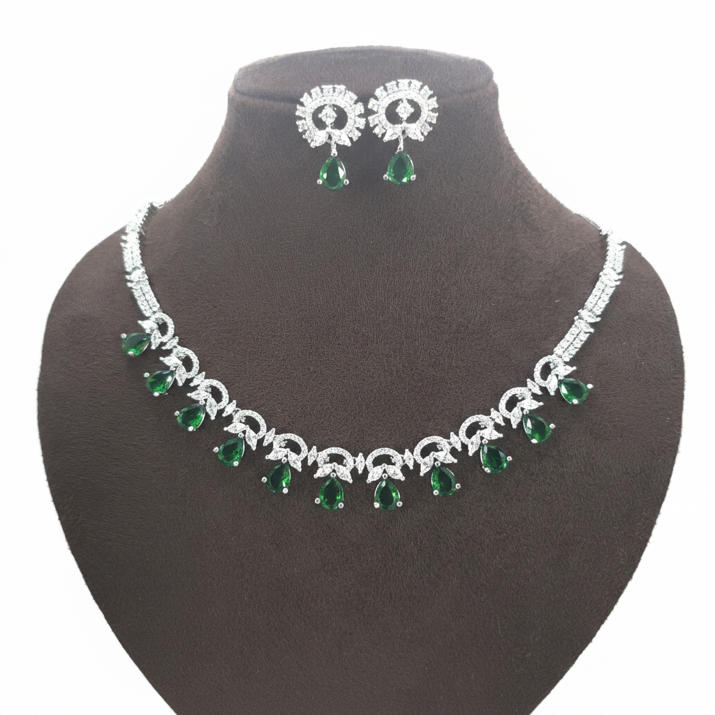 Regal Emerald Green & Diamond Simulant Choker Necklace Set