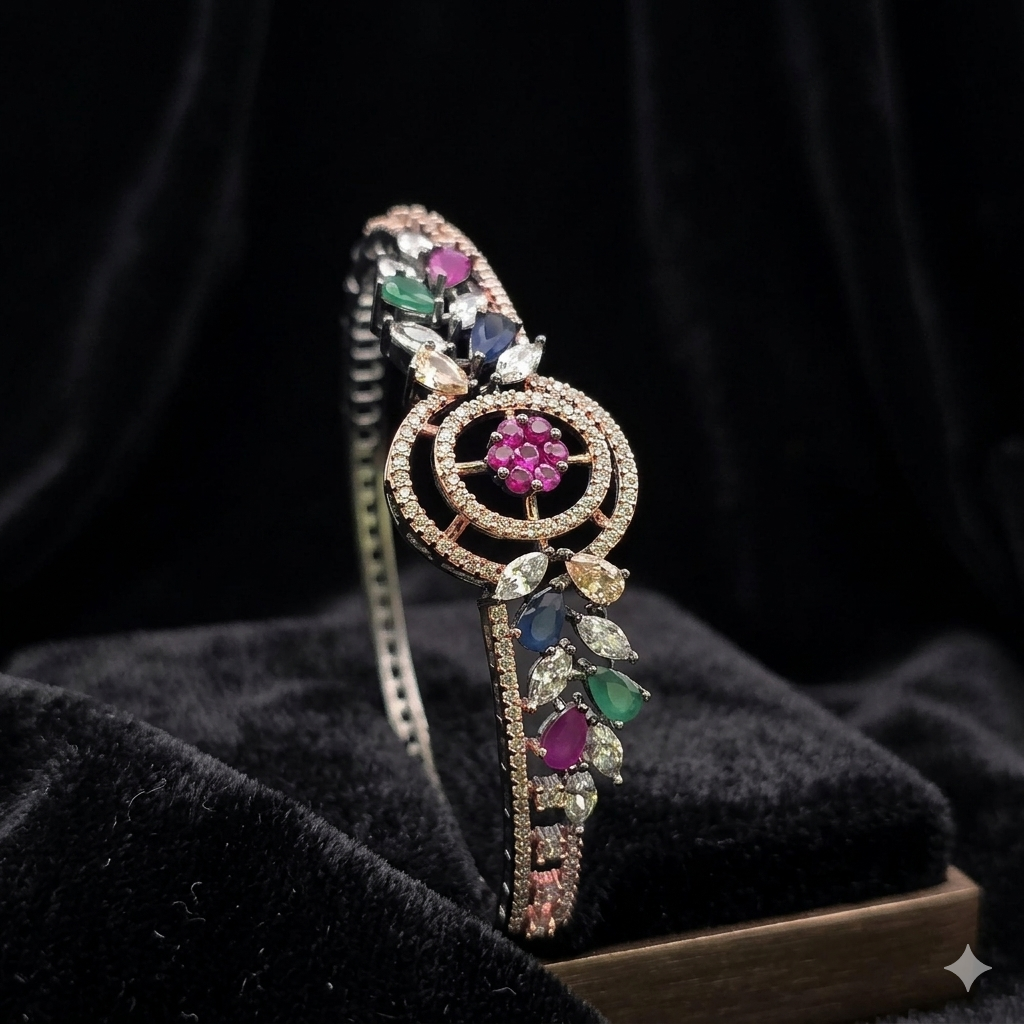 Modern Oxidized Multi-Gemstone Statement Bracelet | سوار فخم من الفضة المؤكسدة بالأحجار الملونة