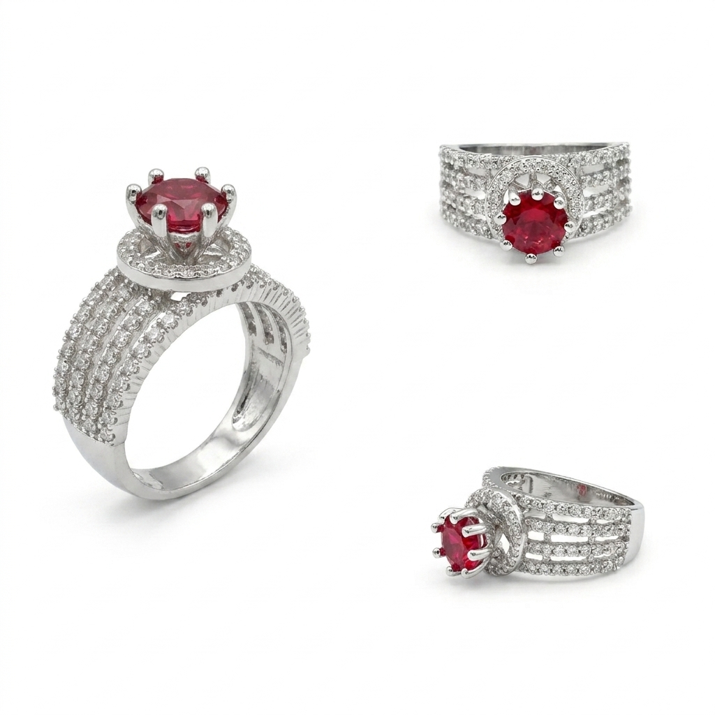 Silver Ruby Halo Ring for Women | خاتم فضي مرصع بحجر الياقوت الأحمر للنساء