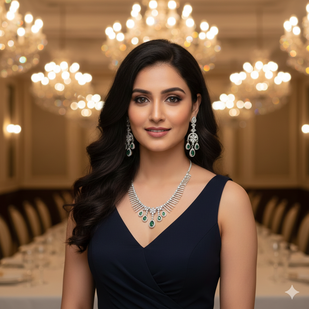 Emerald Green & White American Diamond Choker Necklace Set - Silver Finish