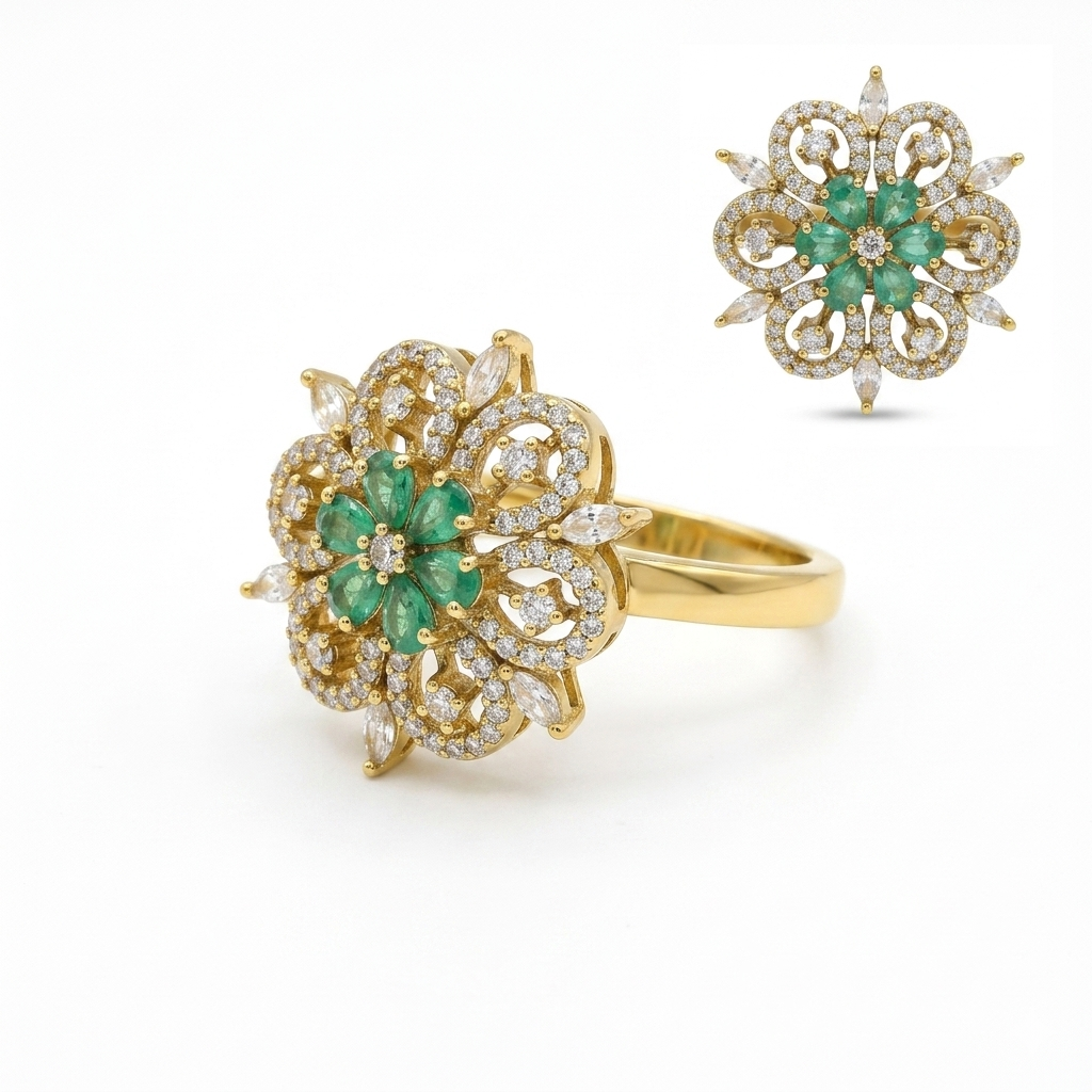 Emerald Floral Crystal Ring for Women | خاتم وردة زمردية فاخر للنساء