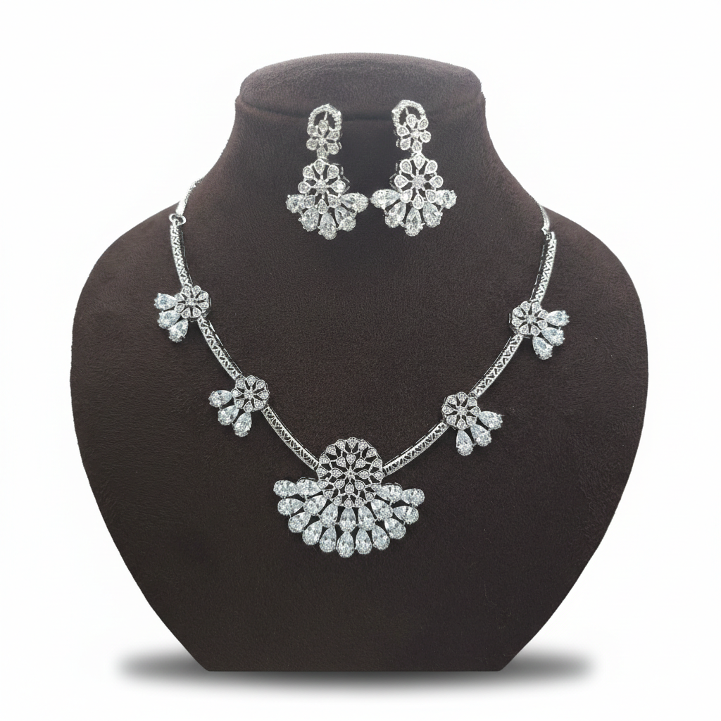 Elegant Crystal & Diamond Simulant Bridal Choker Set - Silver Plated