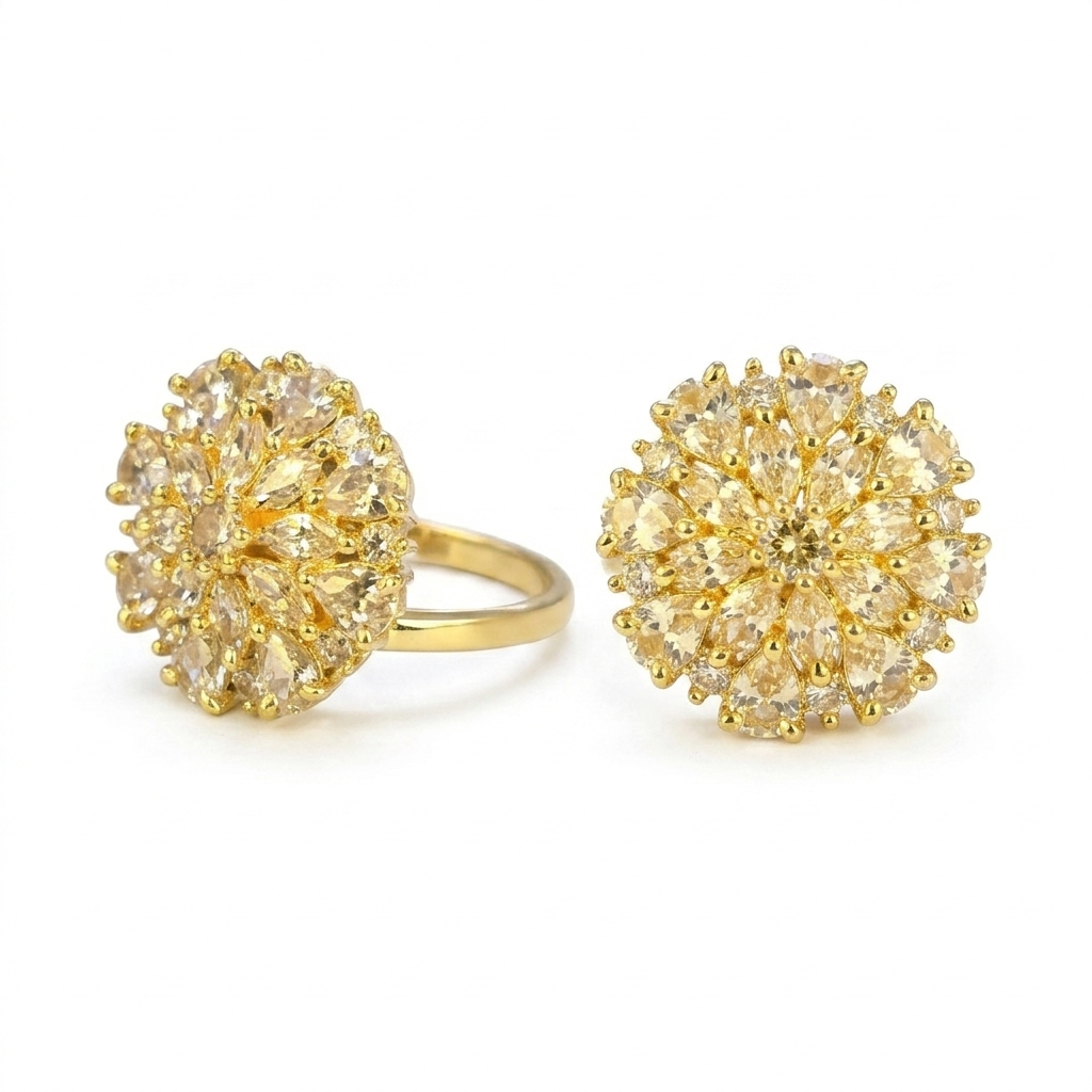 Golden Floral Crystal Statement Ring for Women | خاتم زهري ذهبي فاخر