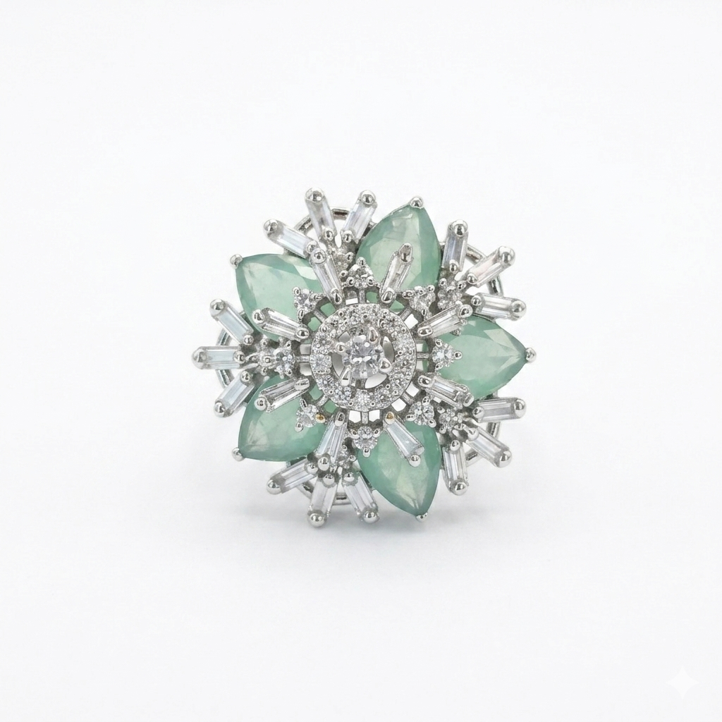 Mint Green Crystal Floral Statement Ring for Women | خاتم أخضر نعناعي فاخر بتصميم زهري للنساء