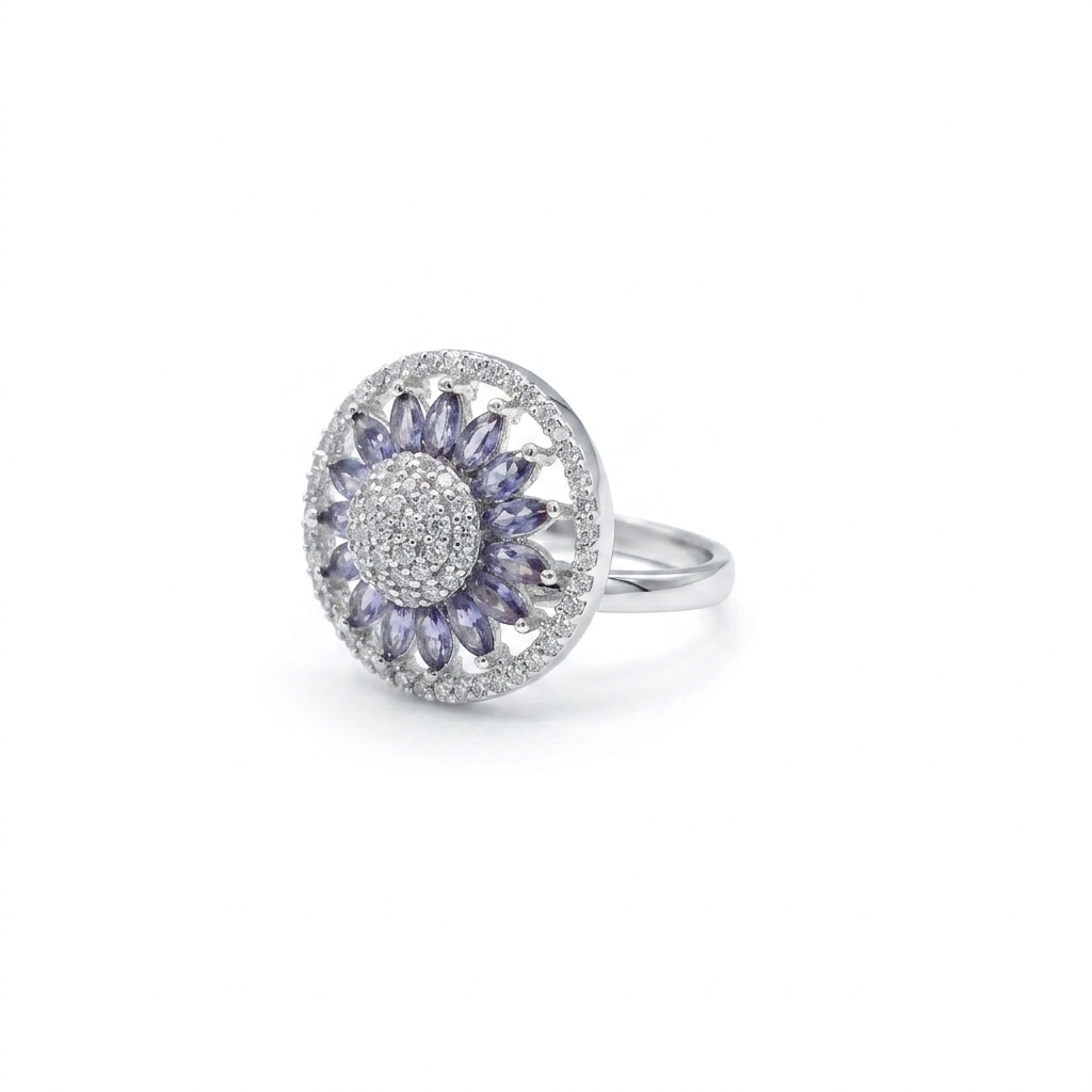 Silver Purple Floral CZ Statement Ring for Women | خاتم فضي زهري بنفسجي فاخر للنساء