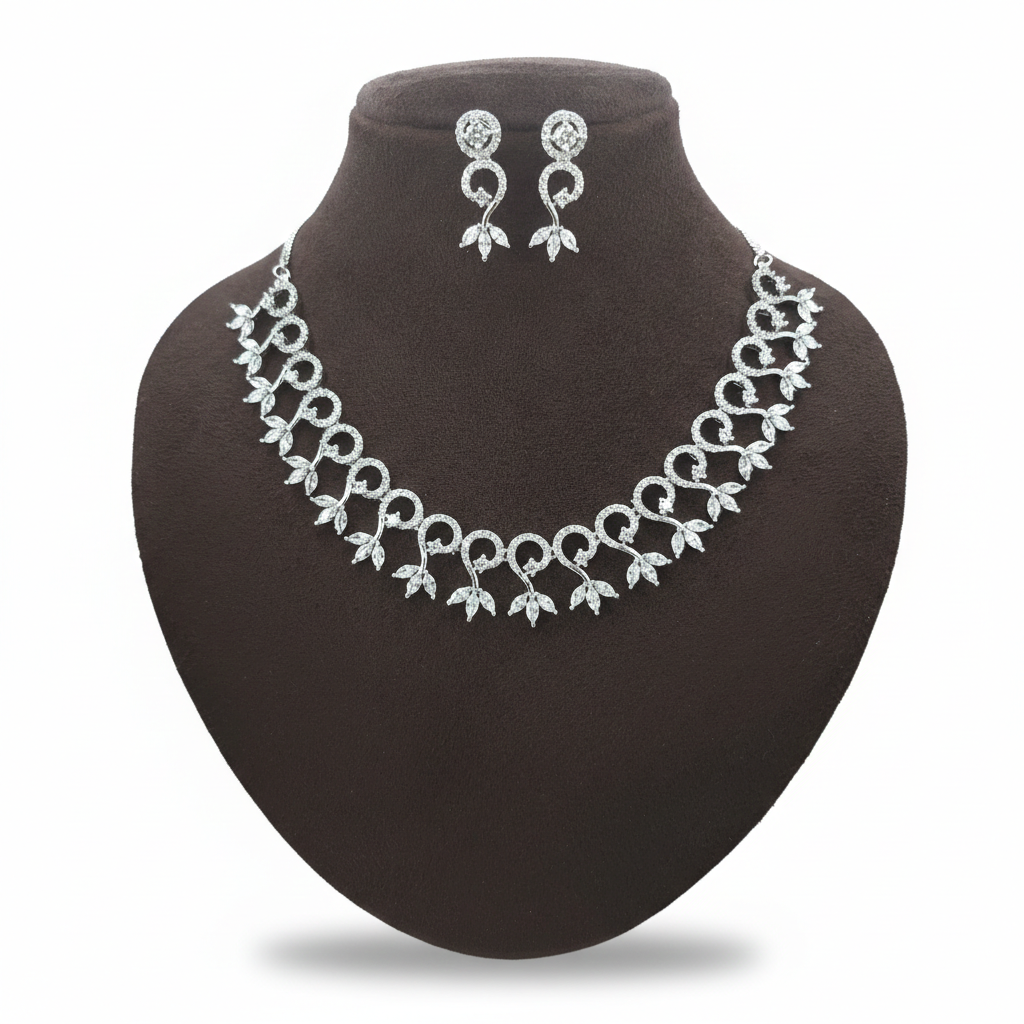 "Divine Filigree" White American Diamond Set - Silver Plated | طقم عقد زركون أبيض وفضي