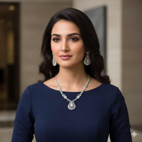 "Celestial Drop" White American Diamond Set - Silver Plated | طقم عقد زركون أبيض وفضي