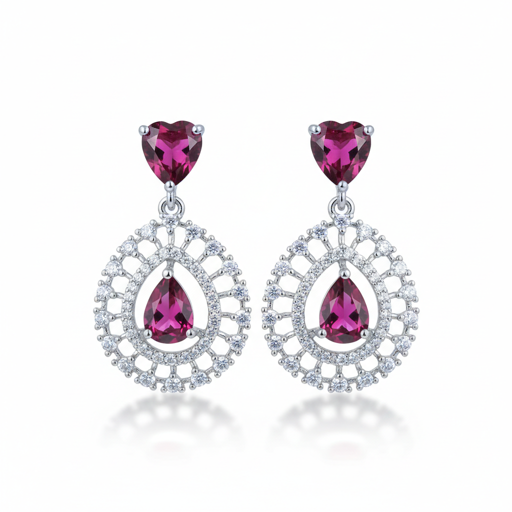Ruby Red & Diamond Simulant Teardrop Necklace & Earrings Set