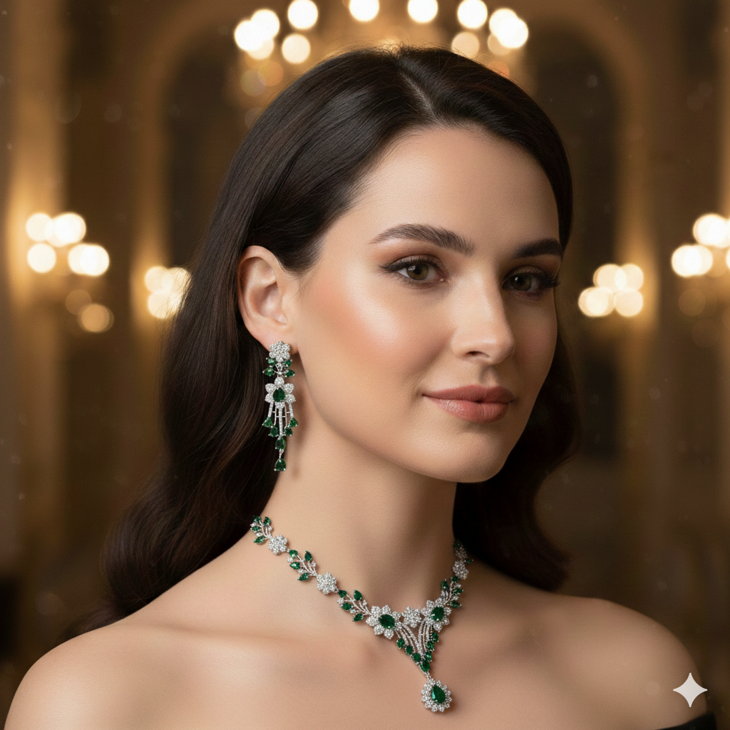 Royal Emerald Green American Diamond Bridal Necklace Set - طقم عقد زفاف فاخر مرصع بالألماس والزمرد الأخضر