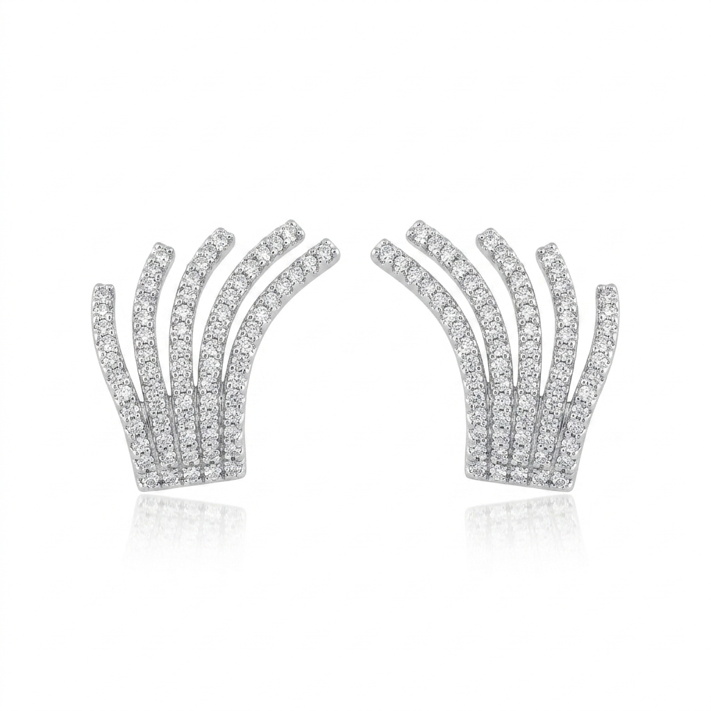 Silver Zircon Fan Design Earrings for Women | أقراط فضية بتصميم عصري مرصع بالزركون للنساء