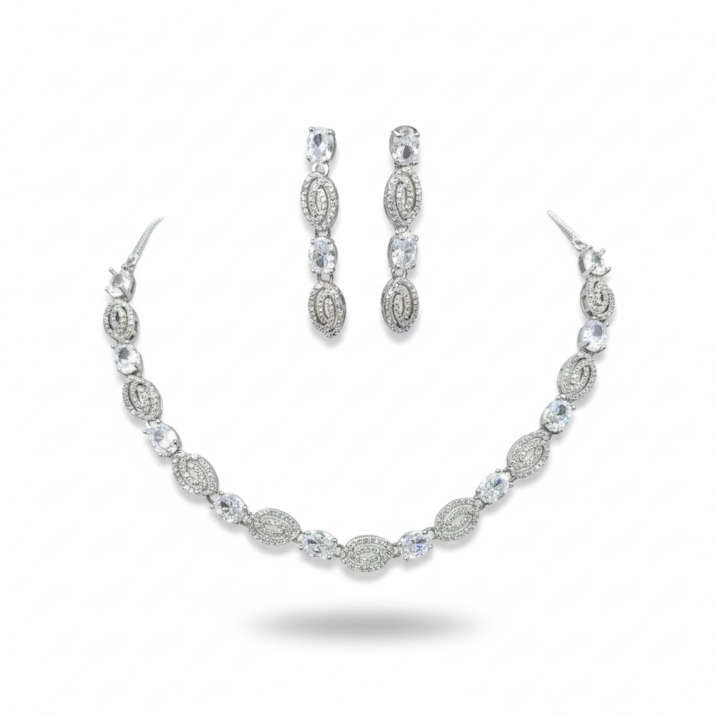 "Timeless Oval" White American Diamond  - Silver Finish | طقم عقد زركون بيضاوي وفضي