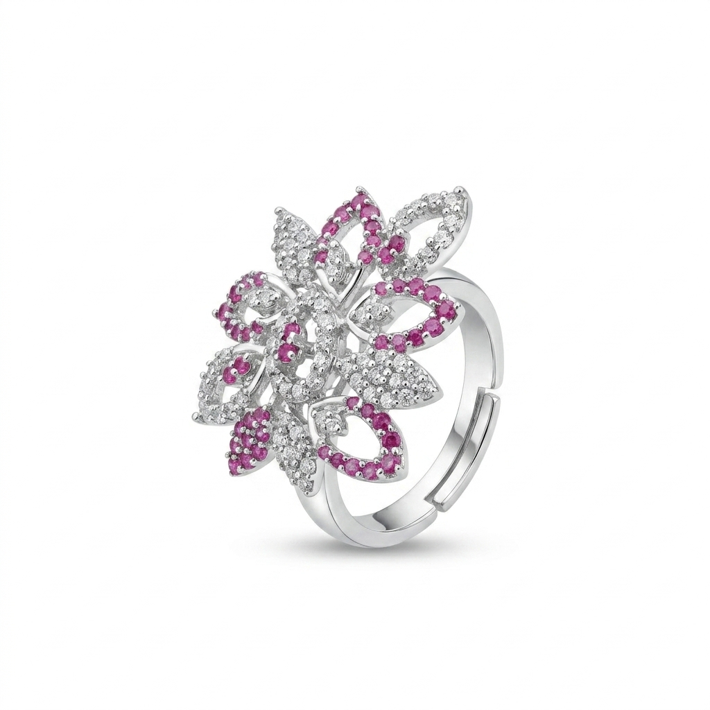 Pink Floral Adjustable Ring for Women | خاتم زهري وردي فاخر للنساء
