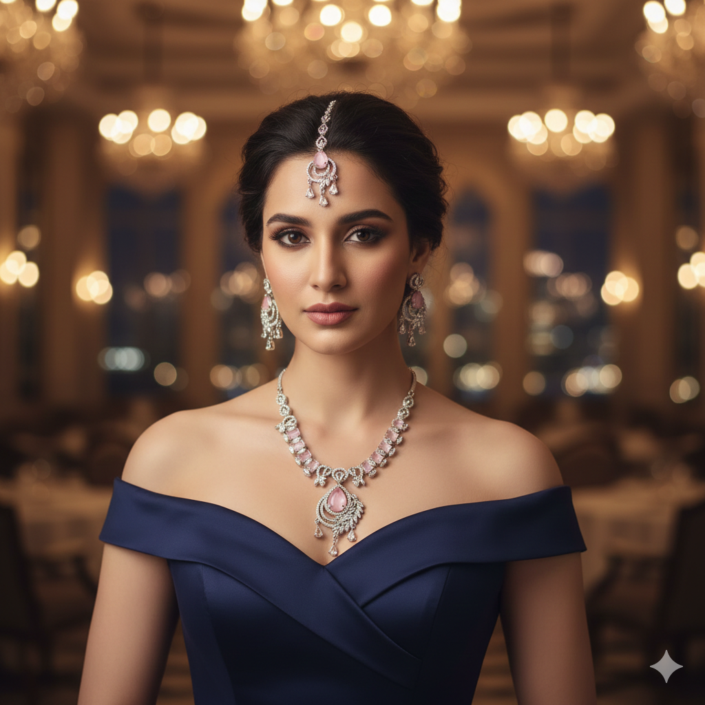 Royal Rose Pink American Diamond Bridal Necklace Set with Maang Tikka - طقم عقد زفاف فاخر مرصع بالألماس والياقوت الوردي