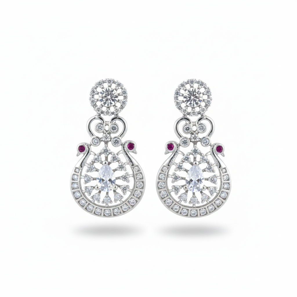 "Celestial Drop" White American Diamond Set - Silver Plated | طقم عقد زركون أبيض وفضي