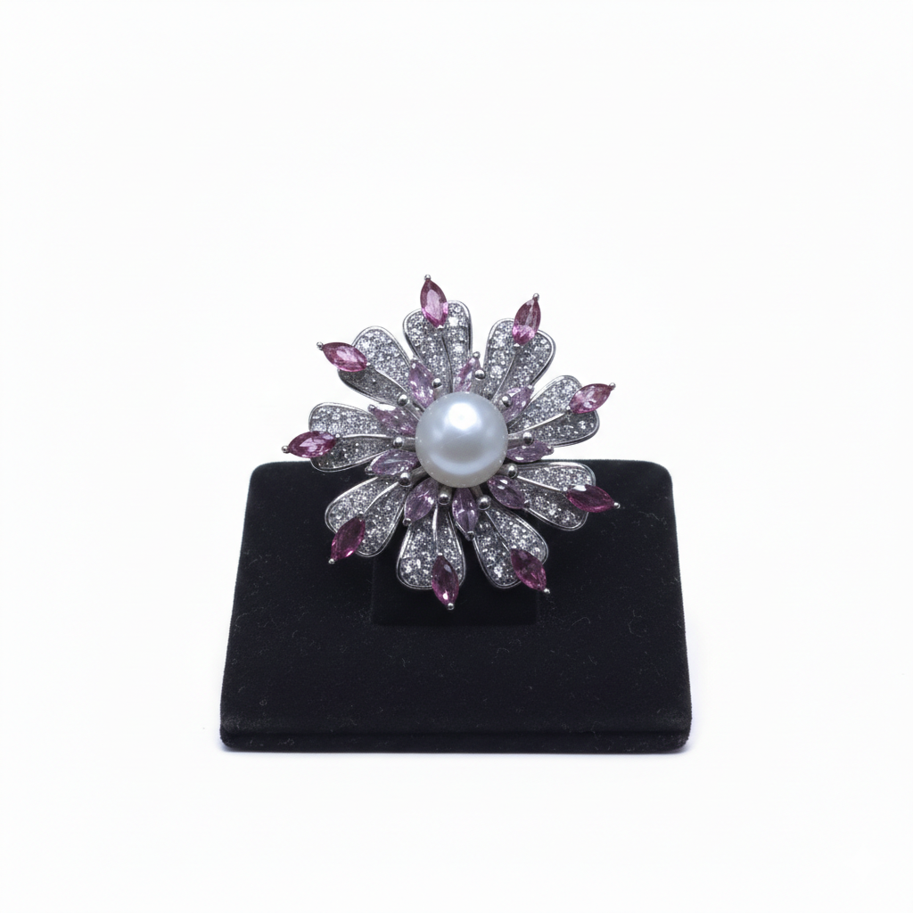 Elegant Pearl & Pink Crystal Flower Brooch | بروش زهرة لؤلؤ وكريستال أنيق