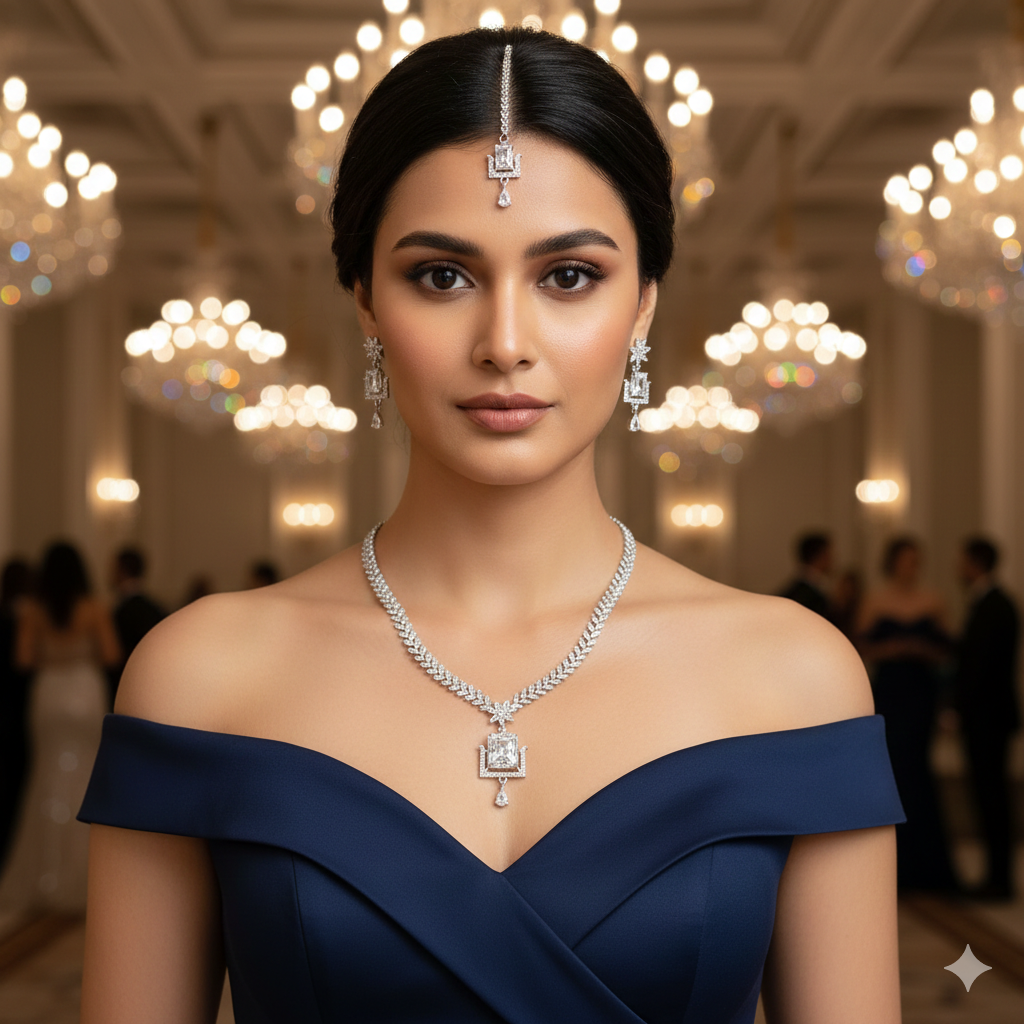 Premium American Diamond Bridal Necklace Set with Maang Tikka - طقم عقد زفاف فاخر مرصع بالألماس الأمريكي مع زينة الرأس