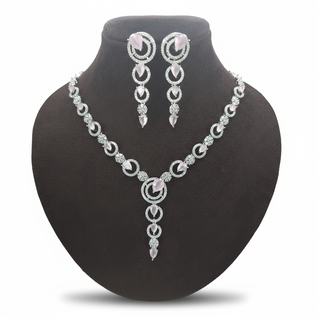Elegant Pastel Pink & Diamond Simulant Necklace & Earrings Set