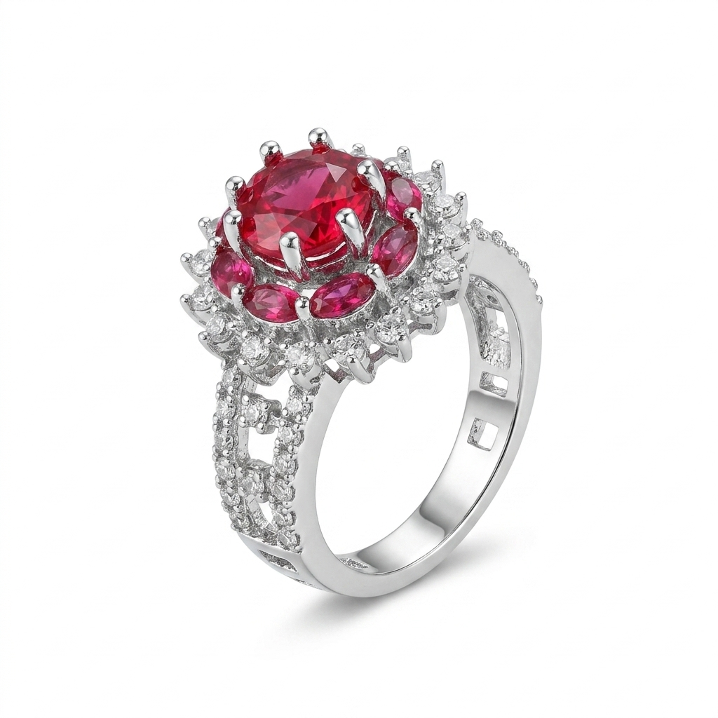 Silver Crown Ruby Statement Ring for Women | خاتم فضي بتصميم التاج وأحجار الياقوت للنساء
