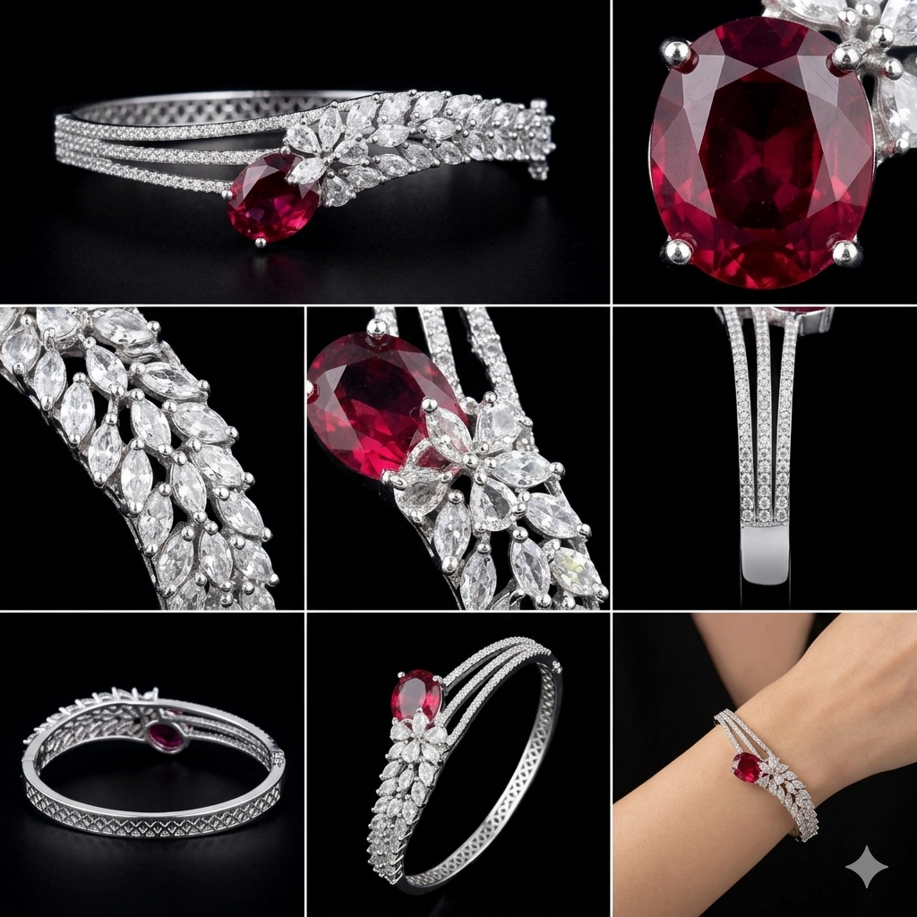Silver-Tone Red Stone Bangle Bracelet | سوار بلون فضي بحجر أحمر