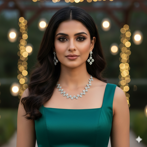 "Geometric Glam" White Cubic Zirconia Necklace Set - Silver Plated | طقم عقد زركون هندسي وفضي