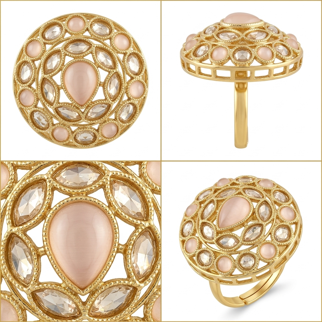 Manruya Rose Quartz Heritage Statement Ring - خاتم منرويا تراثي عريض مرصع بالروز كوارتز والذهب